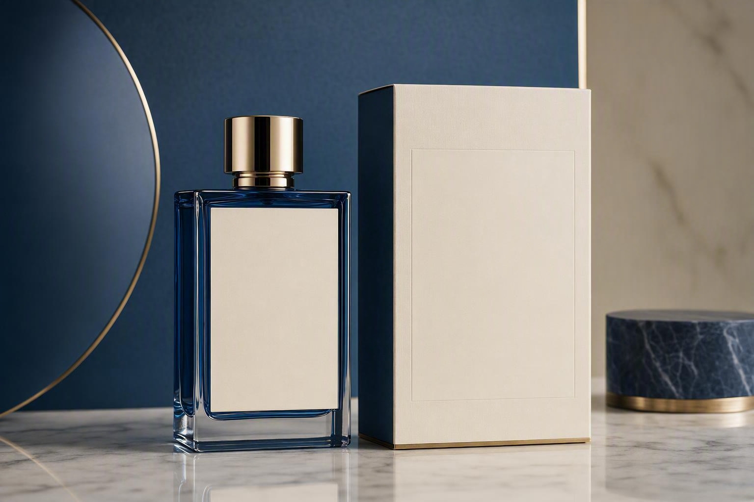 Unbranded glass bottle with a clear label-safe print panel beside its outer carton