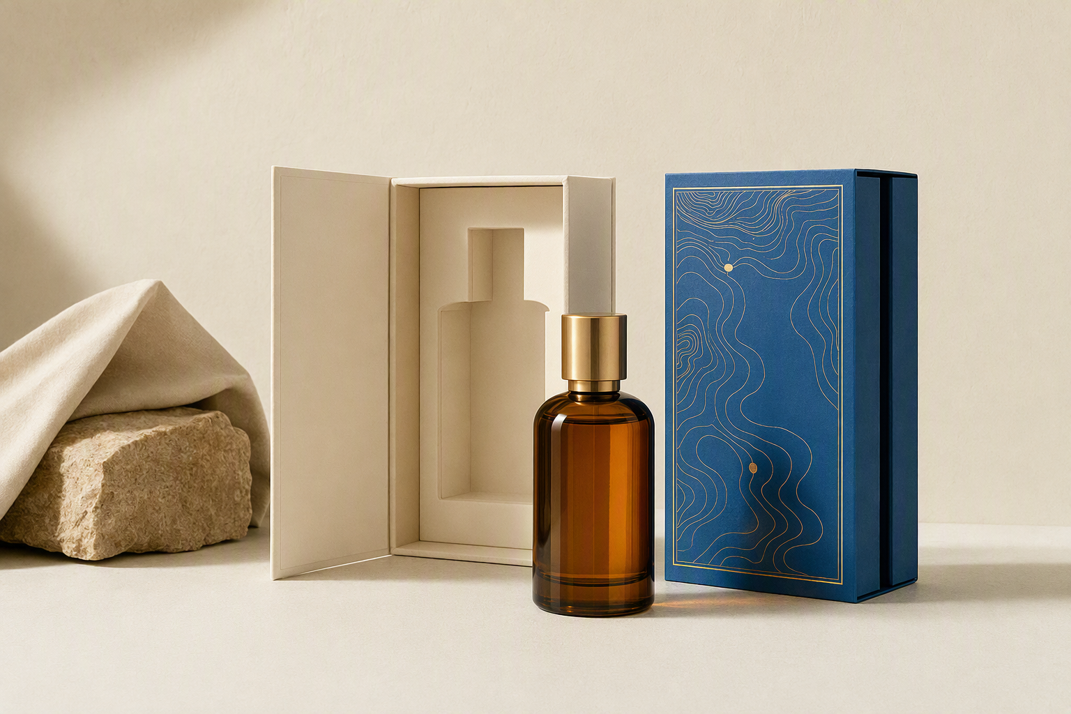 Concept image of fragrance packaging using a sleeve around a layered presentation