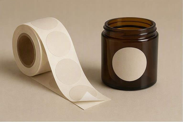 Packaging label roll beside an unbranded amber jar