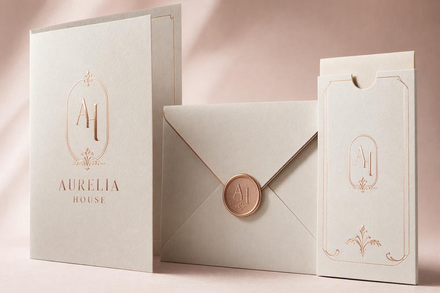 AURELIA HOUSE rose-gold foiled invitation, envelope and sleeve