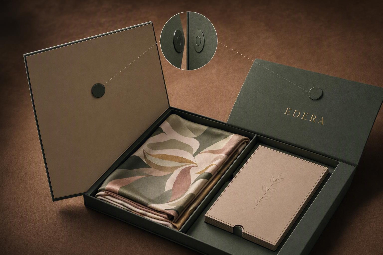 EDERA book-style portfolio showing a magnetic closure