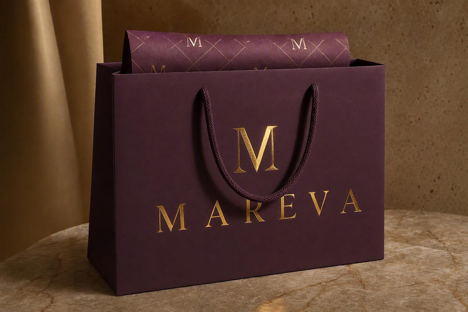 MAREVA gold-foil paper shopping bag with cotton handles