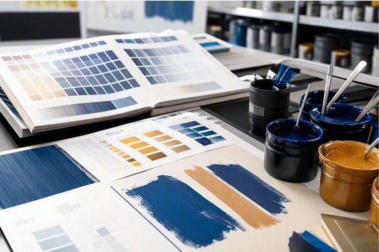 Print technician colour matching ink swatches and paper stock