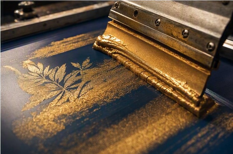 Screen-printing mesh and squeegee applying metallic ink to premium paper