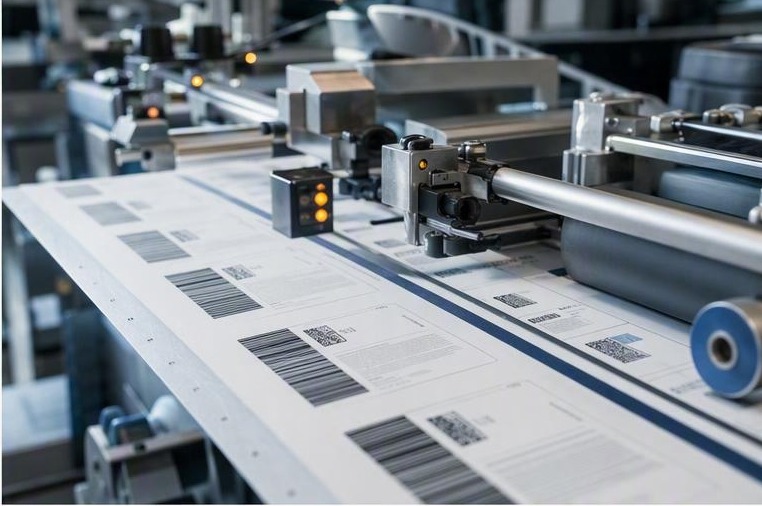 Variable-data labels and serialized tags moving through a digital finishing line