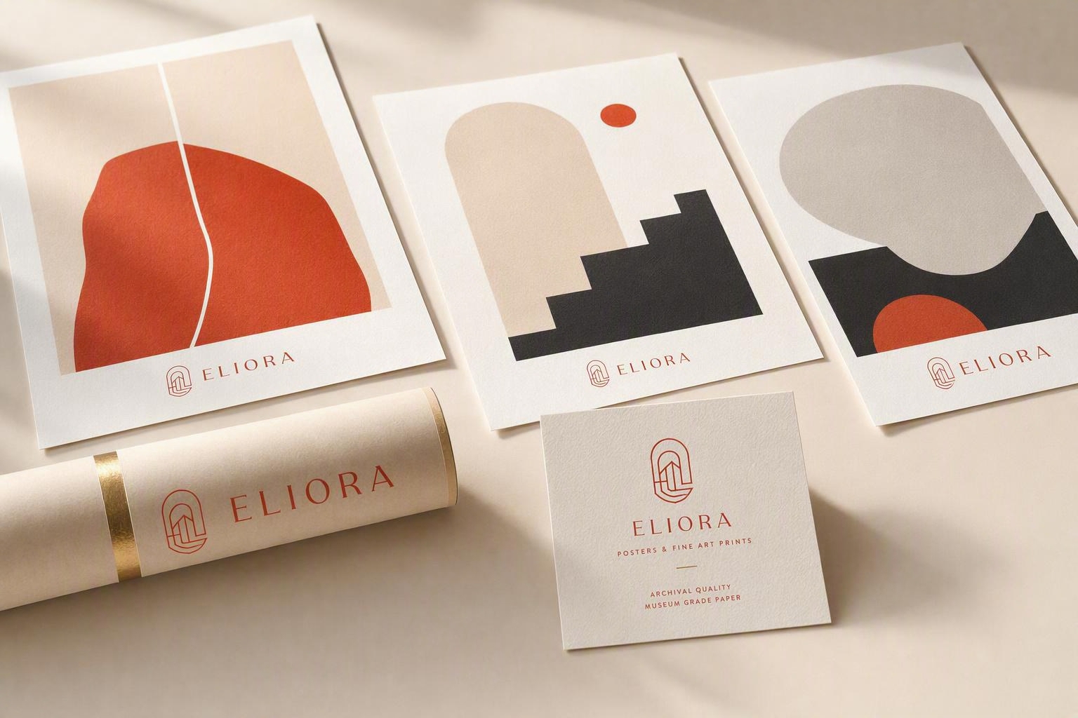 Abstract fine-art prints and large-format posters arranged in a print studio