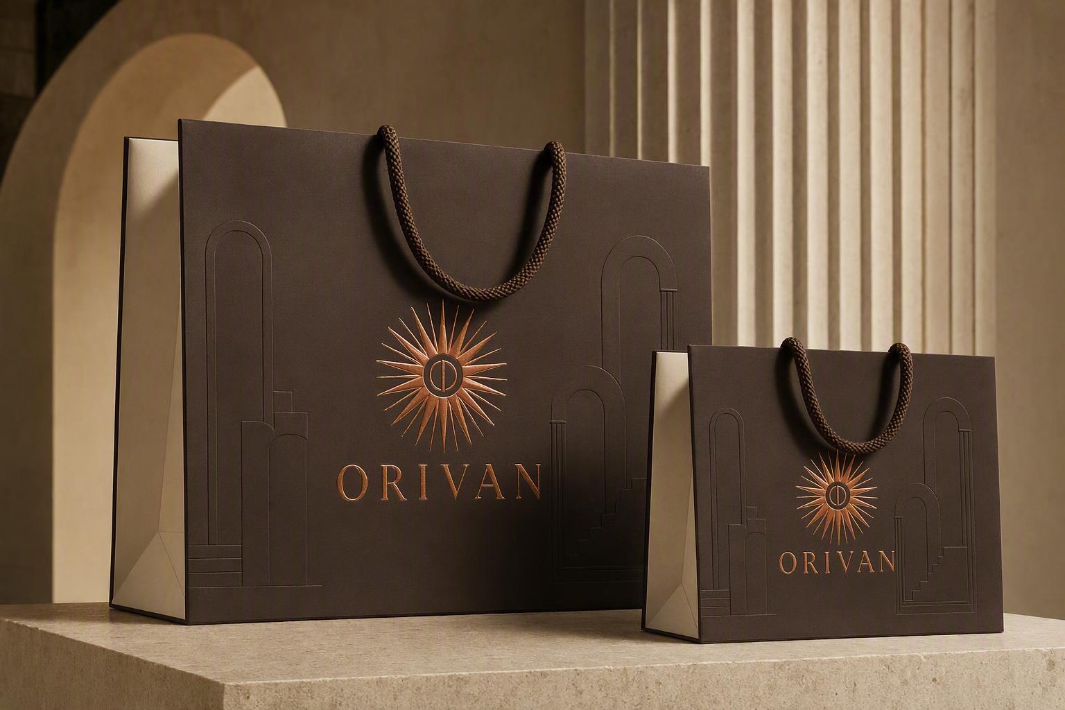 Natural kraft, charcoal and cream retail paper bags with cotton handles