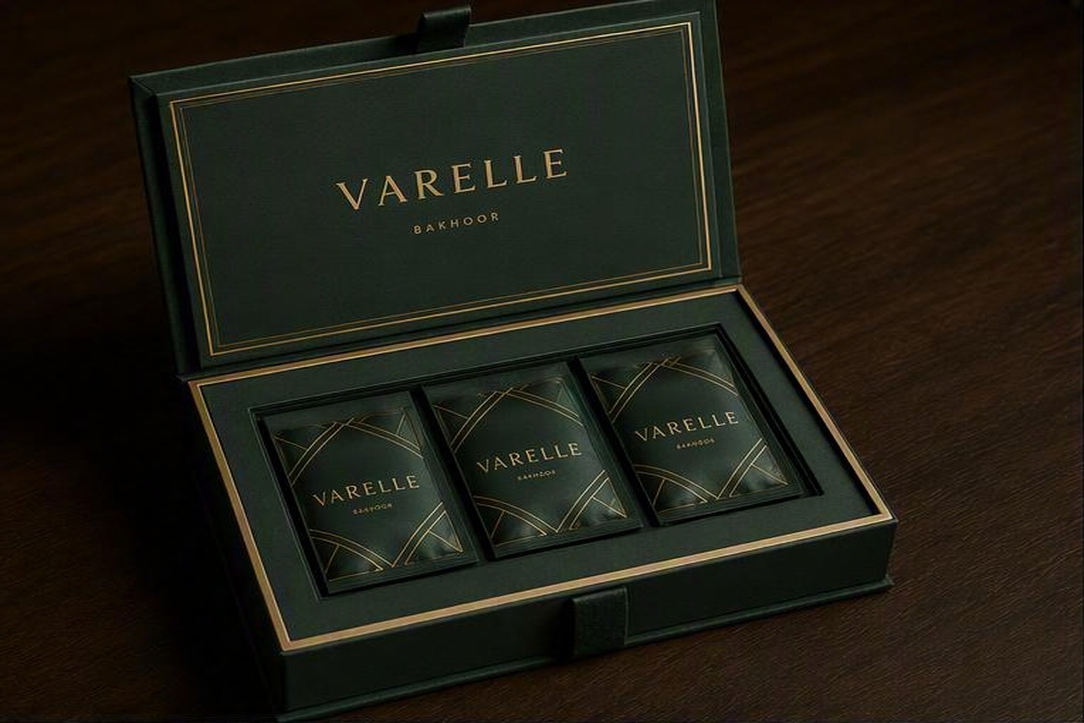 Open luxury rigid presentation box with three fitted bakhoor sachets in a velvet-flocked base