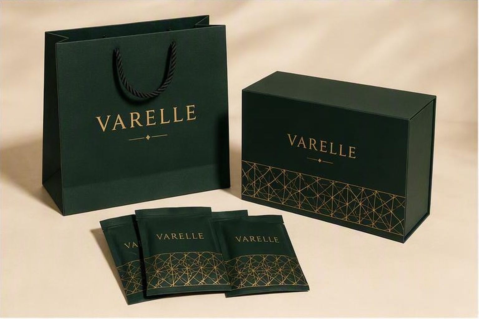 Matching luxury emerald paper shopping bag with braided cord handle, rigid gift box, and foil sachets